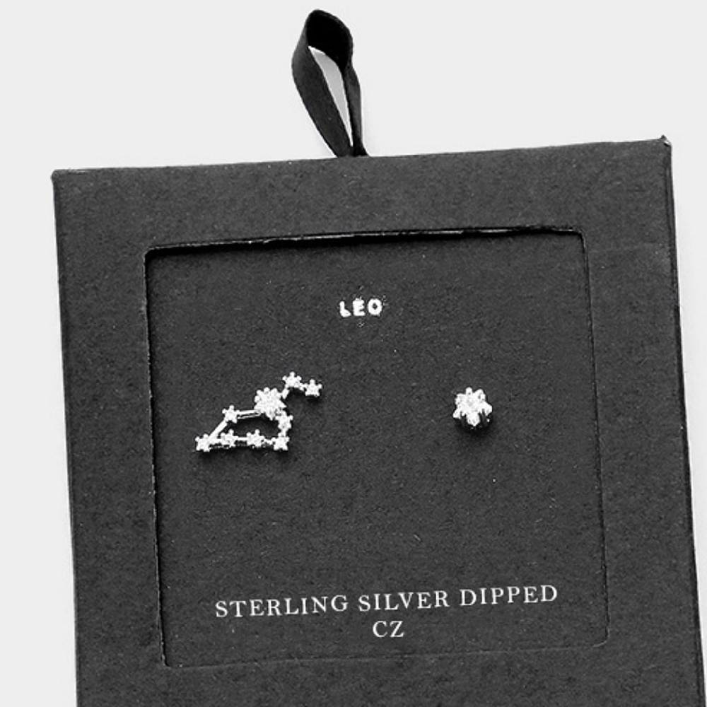 LEO Silver Dipped CZ Stud Zodiac Earrings Trendy